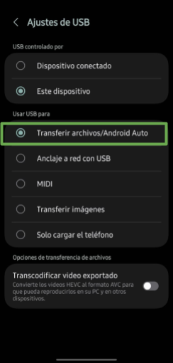   Captura de pantalla de dispositivo móvil android con los ajustes de uso USB para transferir archivos