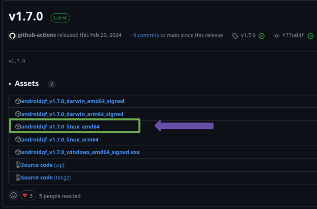   Captura de pantalla de lista de descargas de androidqf en el repositorio oficial de github.