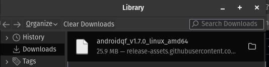   Imagen de referencia de descarga de binario de AndroidQF en su versión 1.7.0 para sistema Linux amd64