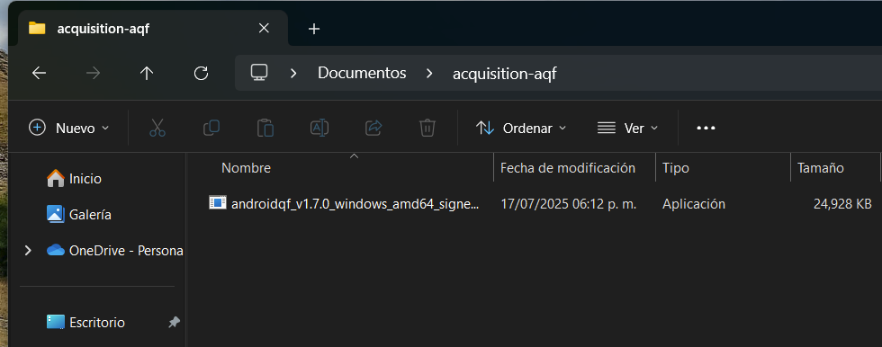 image 1 Screenshot of Windows File Explorer showing the folder with the binary where the forensic extraction will be stored.