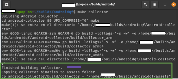  Captura de pantalla de terminal de linux con ejecución de comando build collector.