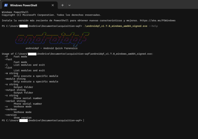  Captura de pantalla de terminal de Windows Powershell con el parámetro *–help* ejecutado.