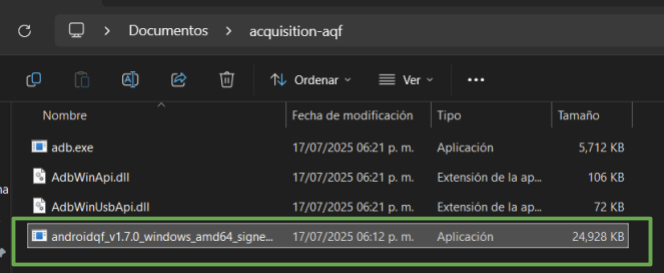   Captura de pantalla del explorador de archivos con la carpeta de descarga del binario de androidqf.