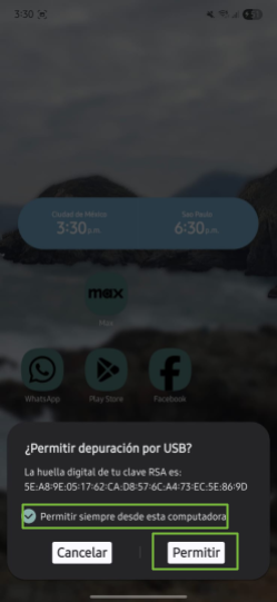  Captura de pantalla de dispositivo móvil Android Samsung solicitando permiso de depuración y confianza al equipo de cómputo para transferir archivos.