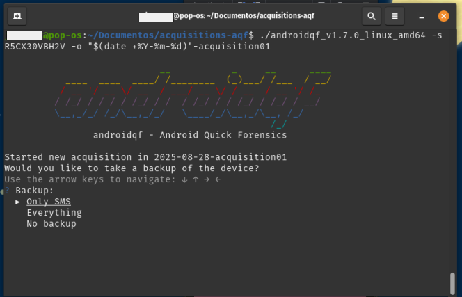  Captura de pantalla de terminal de linux con el menú backup de AndroidQF y la opción *Only-SMS* seleccionada.