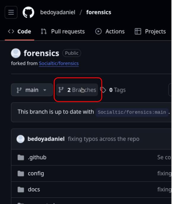 Interfaz de GitHub para el fork del repositorio forensics, donde se resalta la sección para consultar las ramas o branches.