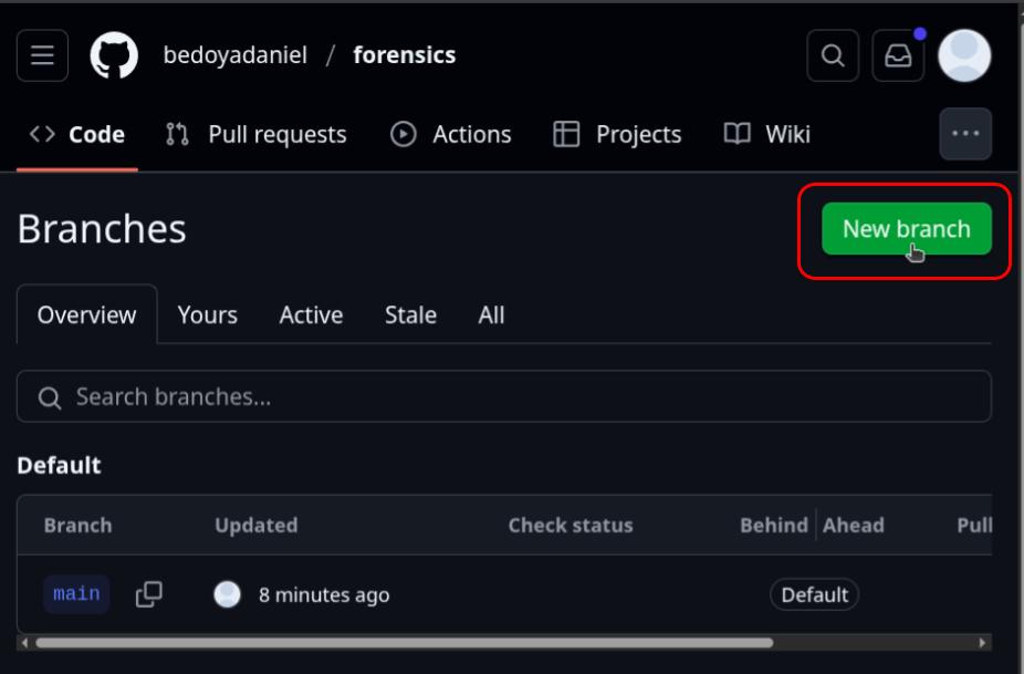 Interfaz de GitHub para el *fork* del repositorio forensics en la sección de branches, donde se resalta la opción para crear una nueva rama.