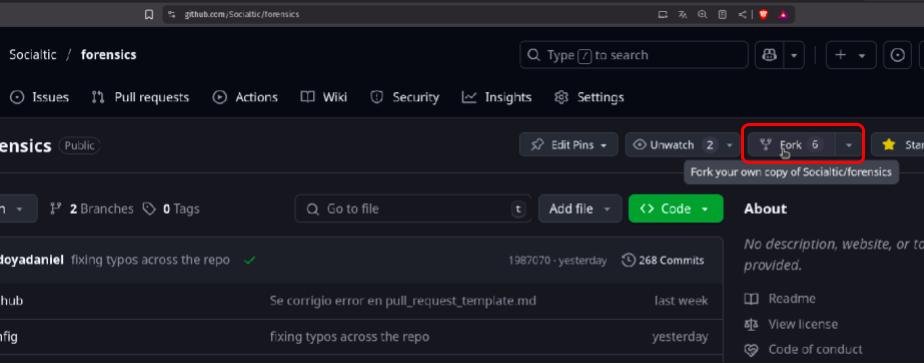 Interfaz de GitHub para el repositorio forensics, donde se resalta la opción para bifurcar el repositorio