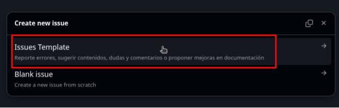 Pop-up para seleccionar una plantilla, dentro del tab de *issues* del repositorio forensics. Se despliega al hacer click en el botón de nuevo *issue.* 