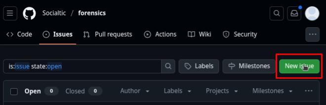 Tab de issues del repositorio forensics, para generar un nuevo issue utilizar el botón de new issue que se encuentra en la parte superior derecha de la interfaz web de GitHub.
