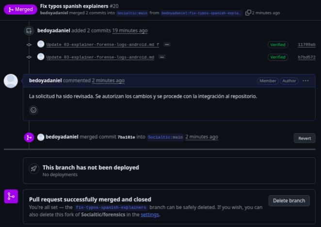 Web interface of a pull request on GitHub, showing the approval and implementation of a request.