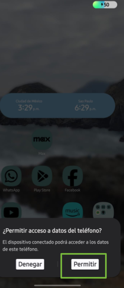  Captura de pantalla de dispositivo móvil Android Samsung solicitando permiso de acceso a datos.