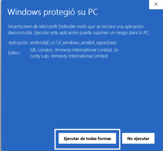 Captura de pantalla de ventana emergente de protección de Windows con la selección de ejecutar de todas formas..