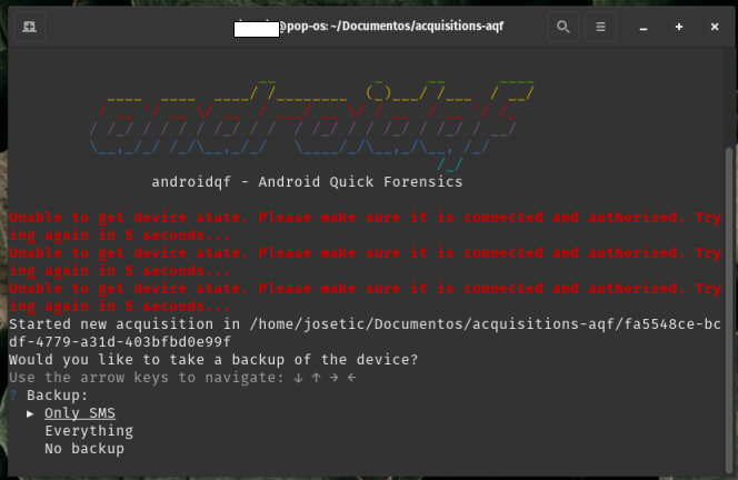 Captura de pantalla de terminal de linux con el menú backup de AndroidQF y la opción Only SMS seleccionada.