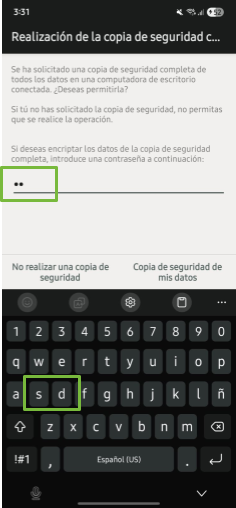 Captura de pantalla de dispositivo móvil Android Samsung solicitando la contraseña temporal del backup sd