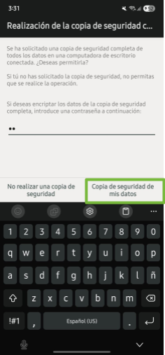 Captura de pantalla de dispositivo móvil Android Samsung con la opción “Copia de seguridad de mis datos” seleccionada