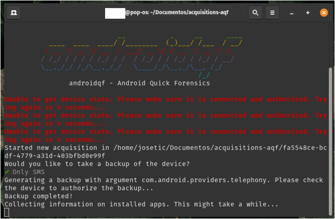 Captura de pantalla de terminal de linux indicando la recolección de información de paquetes de aplicaciones por parte de AndroidQF.