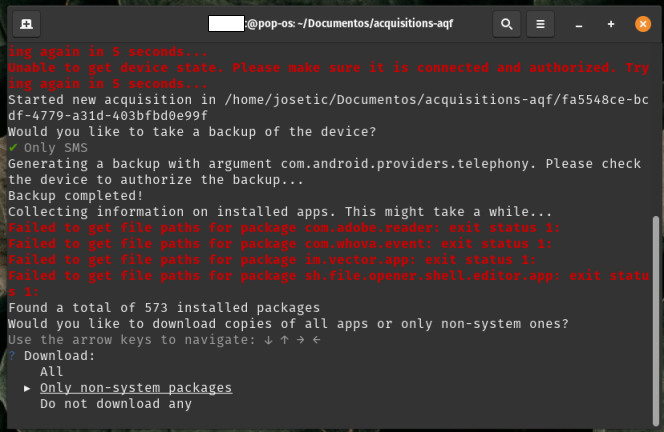 Captura de pantalla de terminal de linux con el menú copias de paquetes de aplicaciones de AndroidQF y la opción Only non-system packages seleccionada.
