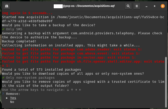 Captura de pantalla de terminal de linux con el menú de omisión de aplicaciones con certificado confiable de AndroidQF y la opción Yes seleccionada.