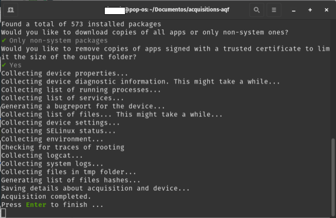 Captura de pantalla de terminal de linux con el menú de omisión de aplicaciones con certificado confiable de AndroidQF y la opción Yes seleccionada.