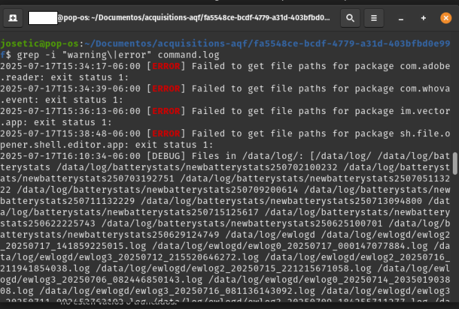 Captura de pantalla de terminal de linux con el comando grep para buscar errores en el archivo command.log generado por AndoridQF.