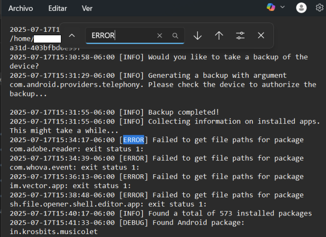 Captura de pantalla de terminal de linux con el comando grep para buscar errores en el archivo command.log generado por AndoridQF.