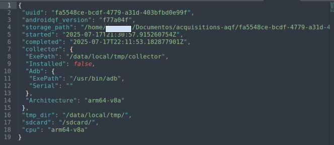 Captura de pantalla de Sublime Text Con la salida del archivo acquisition.json generado por AndoridQF.