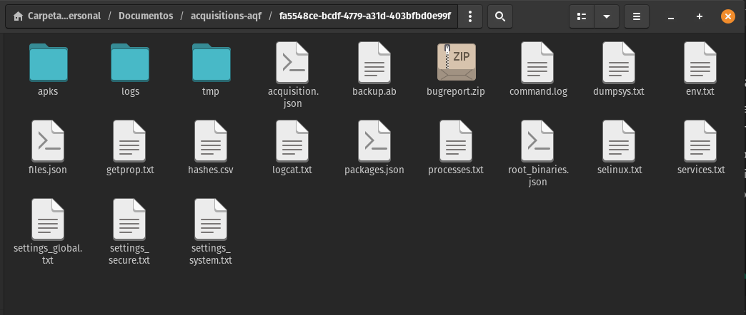 Captura de pantalla de la aplicación archivos en PopOS! mostrando la carpeta de salida de archivos y directorios generados con la extracción forense con AndroidQF.